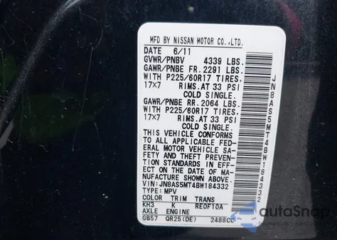 2011 Nissan Rogue Sv from USA, damaged, VIN JN8AS5MT4BW184332